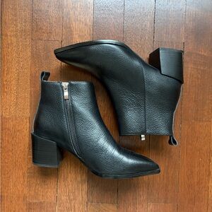 Pointed Toe Black Leather Boots with Low Heel